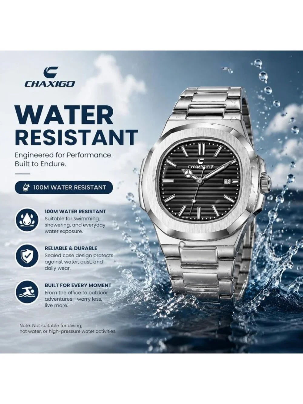 Men's Silver Black Alloy Material Waterproof Quartz Sports Sports Wrist Watches